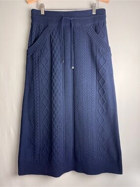 So. Wool Italian Pure Wool Cable Knit Midi Skirt Navy Drawstring Waist M